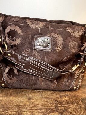 Coach Brown Signature Canvas Shoulder Bag with Leather Trim